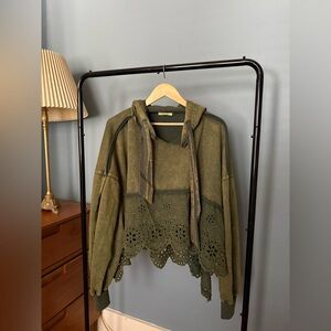Olive Green Hooded Sweatshirt with Eyelet Lace Hem